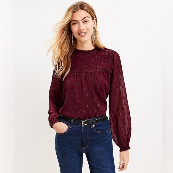 LOFT Maroon Geo Clip Pleated Yoke Blouse Size XL NWT - Picture 5 of 6